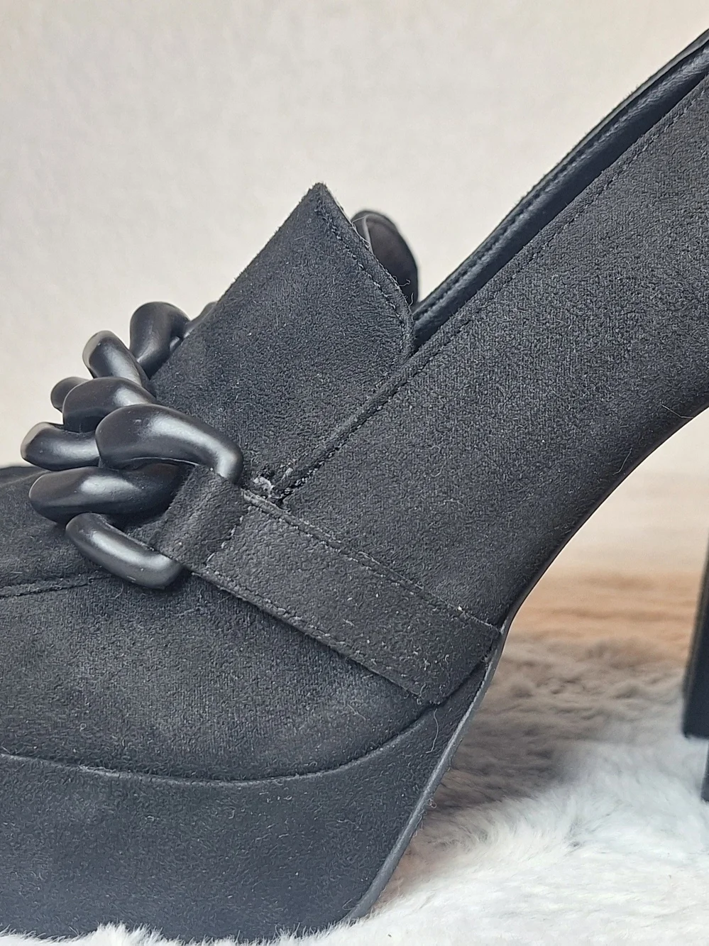 Open Edit Chunky Black Suede Platform Heels Chain Detail